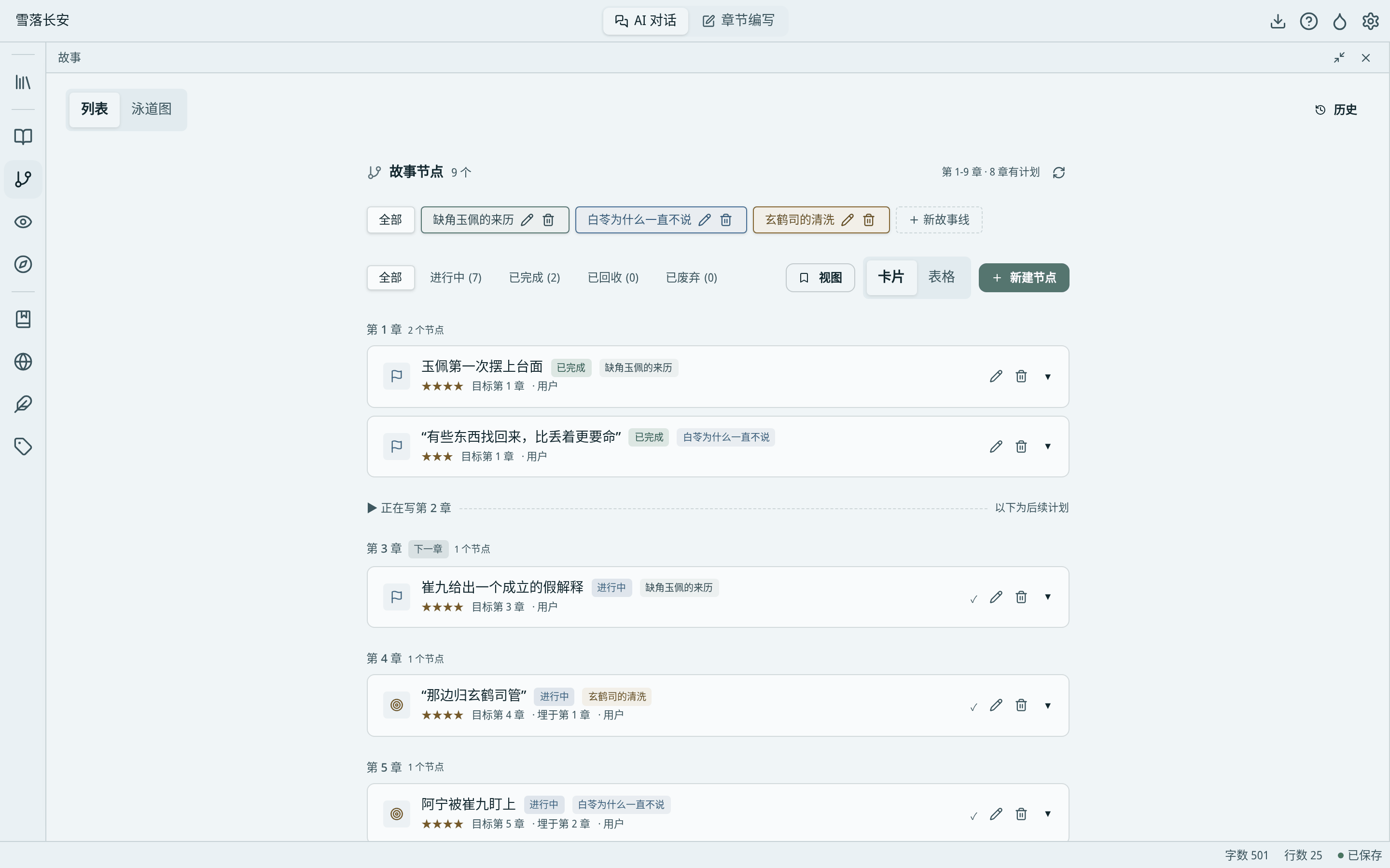 故事节点:里程碑与伏笔按章节排列